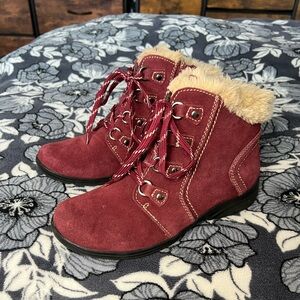 Earth Origins Crowley Ankle Boot Red Leather & Faux Fur
